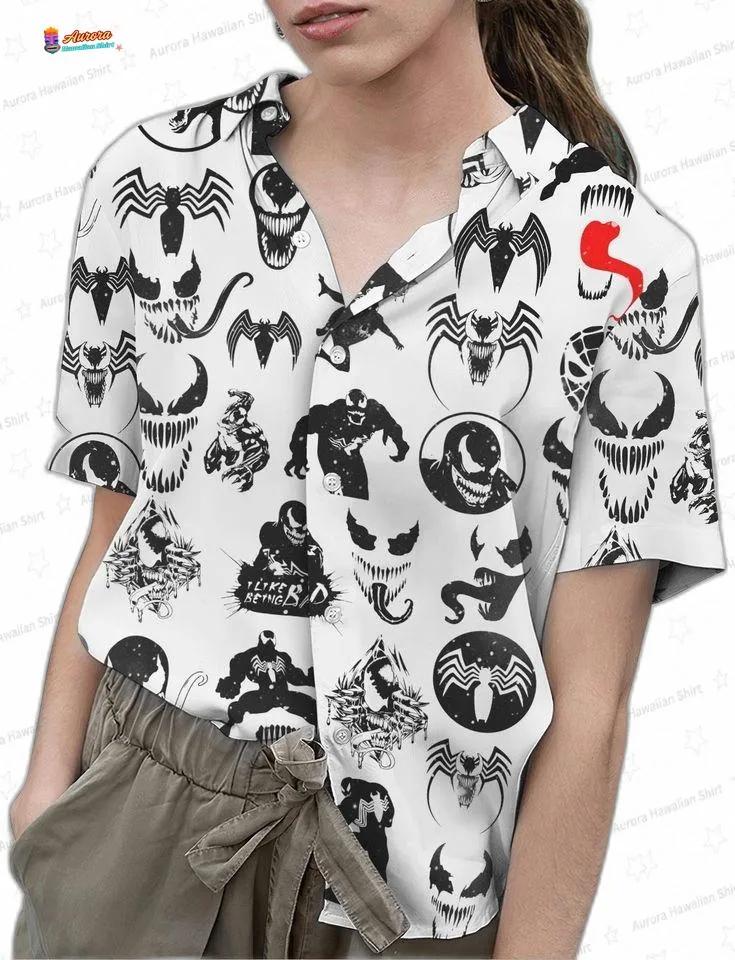 Black Symbiote Pattern Venom Hawaiian Shirt, White Comic Aloha Button-Up for Horror Movie Fan Gift Black Symbiote Pattern Venom Hawaiian Shirt, White Comic Aloha Button-Up for Horror Movie Fan Gift