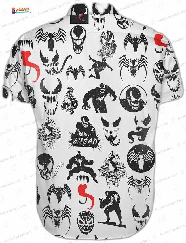 Black Symbiote Pattern Venom Hawaiian Shirt, White Comic Aloha Button-Up for Horror Movie Fan Gift Black Symbiote Pattern Venom Hawaiian Shirt, White Comic Aloha Button-Up for Horror Movie Fan Gift