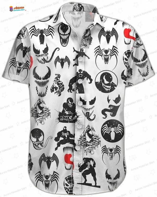 Black Symbiote Pattern Venom Hawaiian Shirt, White Comic Aloha Button-Up for Horror Movie Fan Gift Black Symbiote Pattern Venom Hawaiian Shirt, White Comic Aloha Button-Up for Horror Movie Fan Gift