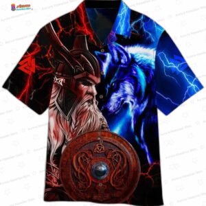 Viking Odin and Wolf Hawaiian Shirt – Norse Warrior Gift for Men
