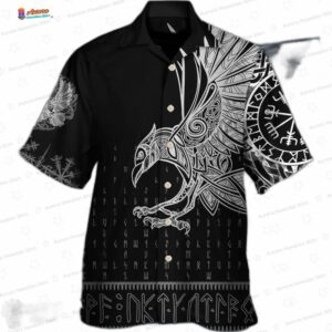 Bold Viking Raven Odin Hawaiian Shirt – Norse Black Summer Aloha Style