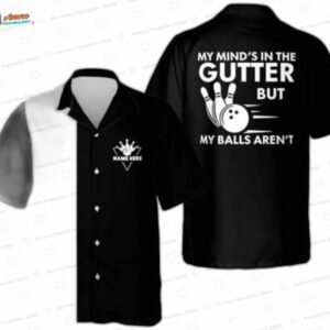 Gutter Joke Bowling Hawaiian Shirt, Black Vintage Alley Aloha Button-Up for Bowler Gift