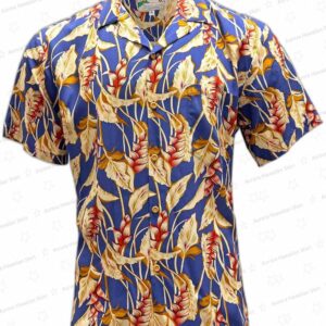 Vintage Heliconia Shadow Blue Rayon Hawaiian Shirt – Tropical Floral Button-Up