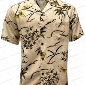 Vintage Oasis Palms Sandstone Rayon Hawaiian Shirt – Classic Tropical Button-Up