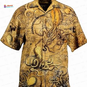 Vintage Treasure Map Octopus Hawaiian Shirt, 3D Unisex Aloha Short Sleeve for Ocean Lovers