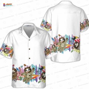 White Jungle Border Sloth Hawaiian Shirt, Clean Tropical Animal Aloha Button-Up for Vacation Gift