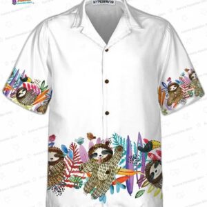 Watercolor Cute Sloth And Tropical Plant Hawaiian Shirt Funny Sloth Shirt For Adults Sloth Themed Gi 2