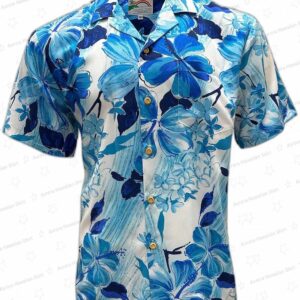 Watercolor Hibiscus Blue Rayon Hawaiian Shirt