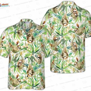 Watercolor Sloth Tropical Plant Hawaiian Shirt, Green Jungle Aloha Button-Up for Animal Lover Gift