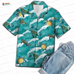 Waves and Turtles Hawaiian Shirt, Ocean Turtle Aloha Button-Up for Marine Lover Vacation Gift