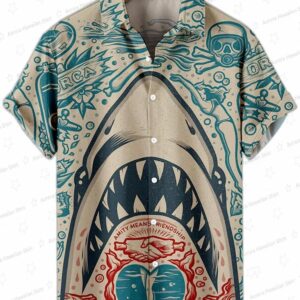 Great White Shark Hawaiian Shirt with Diver Sketch Print for Beach Trips