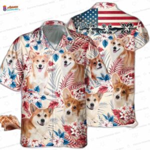 Patriotic Bloom Corgi Hawaiian Shirt, USA Flag Floral Aloha Button-Up for Dog Lover Gift
