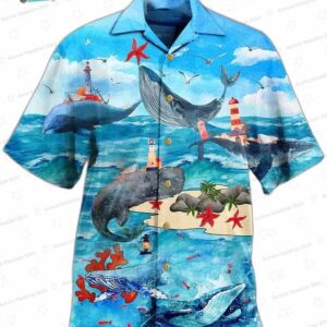 Ocean Love Whale Hawaiian Shirt with Lighthouse 3D Art for Summer Gifts