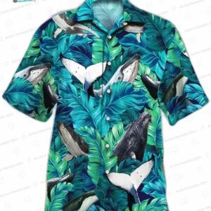 Tropical Leaves Whale Hawaiian Shirt, Marine Life Aloha Button-Up for Whale Lover Vacation Gift