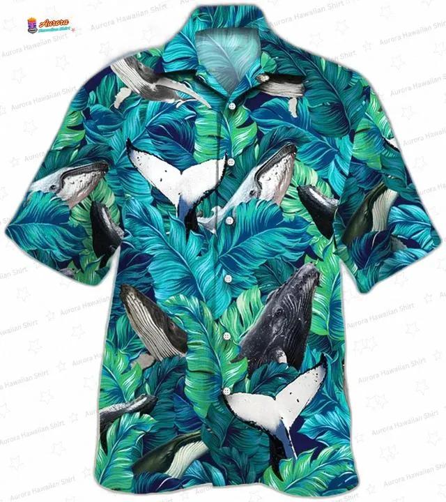 Tropical Leaves Whale Hawaiian Shirt, Marine Life Aloha Button-Up for Whale Lover Vacation Gift Tropical Leaves Whale Hawaiian Shirt, Marine Life Aloha Button-Up for Whale Lover Vacation Gift