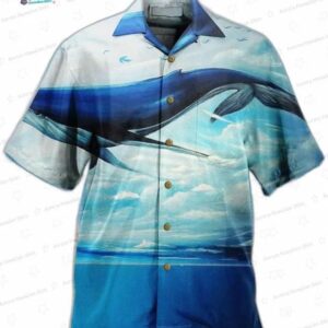 Whale Moon Blue Hawaiian Shirt, Watercolor Ocean Aloha Button-Up for Marine Lover Vacation Gift