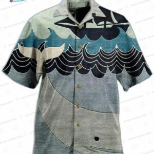 Vintage Blue Whale Hawaiian Shirt with 3D Wave Art for Summer Gifts