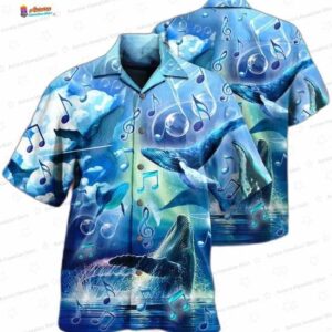 Blue Sea Melody Whale Hawaiian Shirt, Ocean Music Aloha Button-Up for Marine Lover Vacation Gift