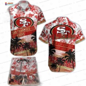 Red Palm Sunset San Francisco 49ers Hawaiian Shirt, Tropical Fan Aloha Button-Up