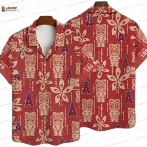 Red Tiki Tribal Los Angeles Angels Hawaiian Shirt, Tropical Aloha Button-Up