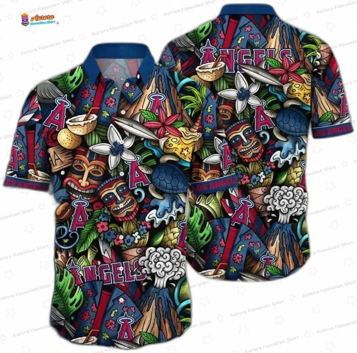 Tiki Volcano Los Angeles Angels Hawaiian Shirt, Beach Resort Style Tiki Volcano Los Angeles Angels Hawaiian Shirt, Beach Resort Style