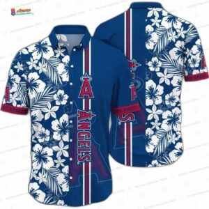 Navy Tropical Bloom Los Angeles Angels Hawaiian Shirt, Baseball Fan Aloha Button-Up