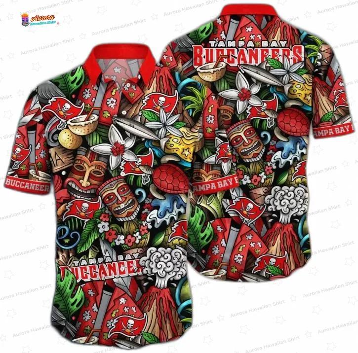 Tiki Paradise Tampa Bay Buccaneers Hawaiian Shirt, Tropical Fan Aloha Button-Up Tiki Paradise Tampa Bay Buccaneers Hawaiian Shirt, Tropical Fan Aloha Button-Up