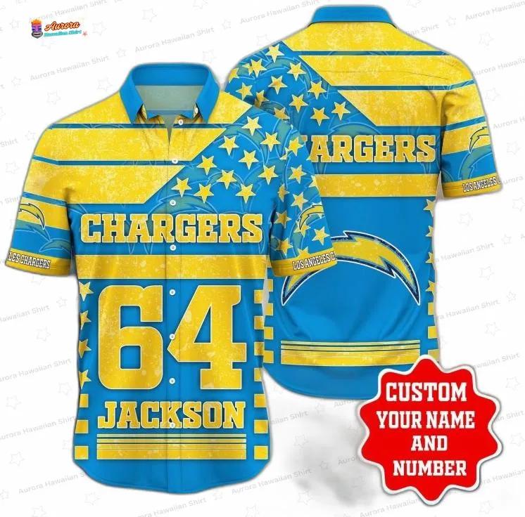 Custom Star Stripes Los Angeles Chargers Hawaiian Shirt, Tailgate Gift Custom Star Stripes Los Angeles Chargers Hawaiian Shirt, Tailgate Gift