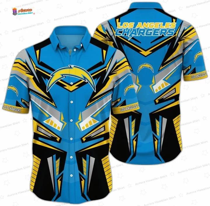 Thunder Bolt Los Angeles Chargers Hawaiian Shirt, Tropical Fan Aloha Button-Up Thunder Bolt Los Angeles Chargers Hawaiian Shirt, Tropical Fan Aloha Button-Up