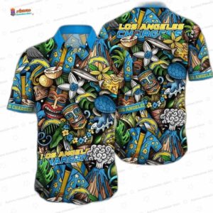 Tiki Island Los Angeles Chargers Hawaiian Shirt, Volcano Game Day Button-Up