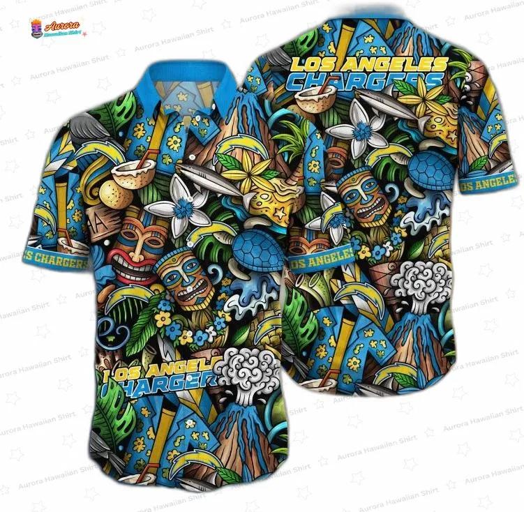 Tiki Island Los Angeles Chargers Hawaiian Shirt, Volcano Game Day Button-Up Tiki Island Los Angeles Chargers Hawaiian Shirt, Volcano Game Day Button-Up