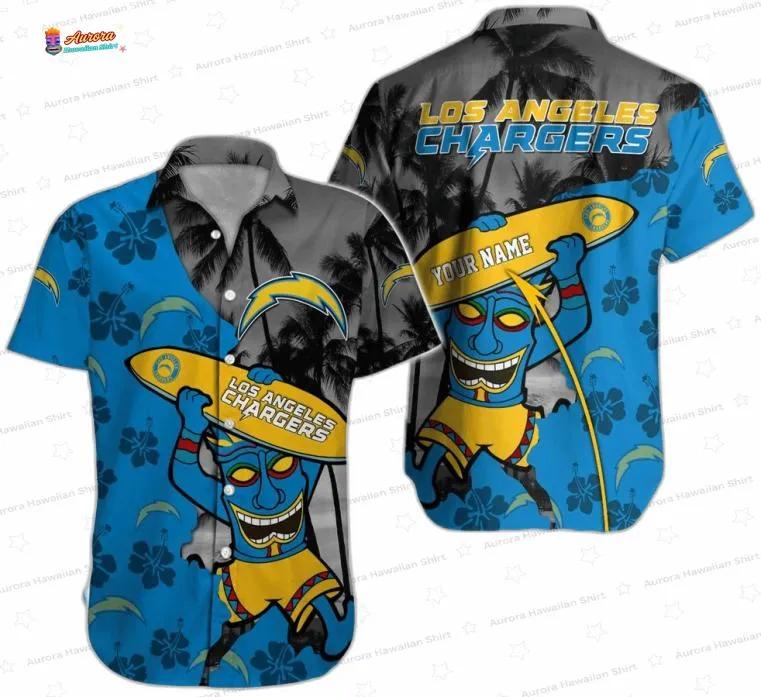 Custom Tiki Surf Los Angeles Chargers Hawaiian Shirt, Coastal Fan Aloha Button-Up Custom Tiki Surf Los Angeles Chargers Hawaiian Shirt, Coastal Fan Aloha Button-Up