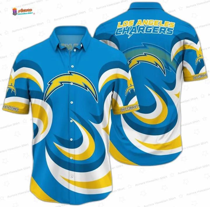 Wave Surge Los Angeles Chargers Hawaiian Shirt, Coastal Game Day Button-Up Wave Surge Los Angeles Chargers Hawaiian Shirt, Coastal Game Day Button-Up
