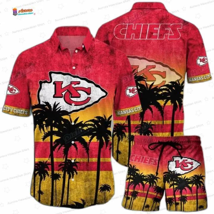 Sunset Palm Kansas City Chiefs Hawaiian Shirt Set, Fan Gift Sunset Palm Kansas City Chiefs Hawaiian Shirt Set, Fan Gift