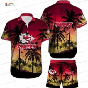 Kansas City Chiefs Sunset Paradise Hawaiian Shirt, Palm Coast Game Day Set