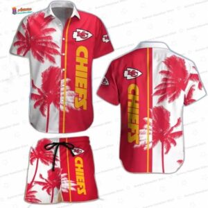 Red Palm Leaf Kansas City Chiefs Hawaiian Shirt, Tropical Game Day Set