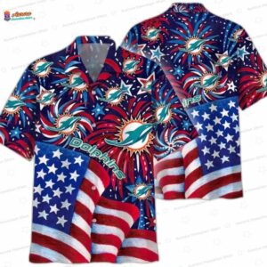 Patriotic Fireworks Miami Dolphins Hawaiian Shirt, American Flag Football Aloha Button-Up for 4th of July Gift