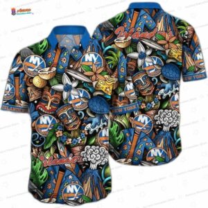 Blue Orange Tiki Game Day New York Islanders Hawaiian Shirts