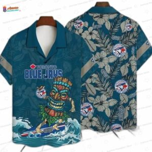 Tiki Surfer Toronto Blue Jays Hawaiian Shirt, Teal Palm Leaf Style