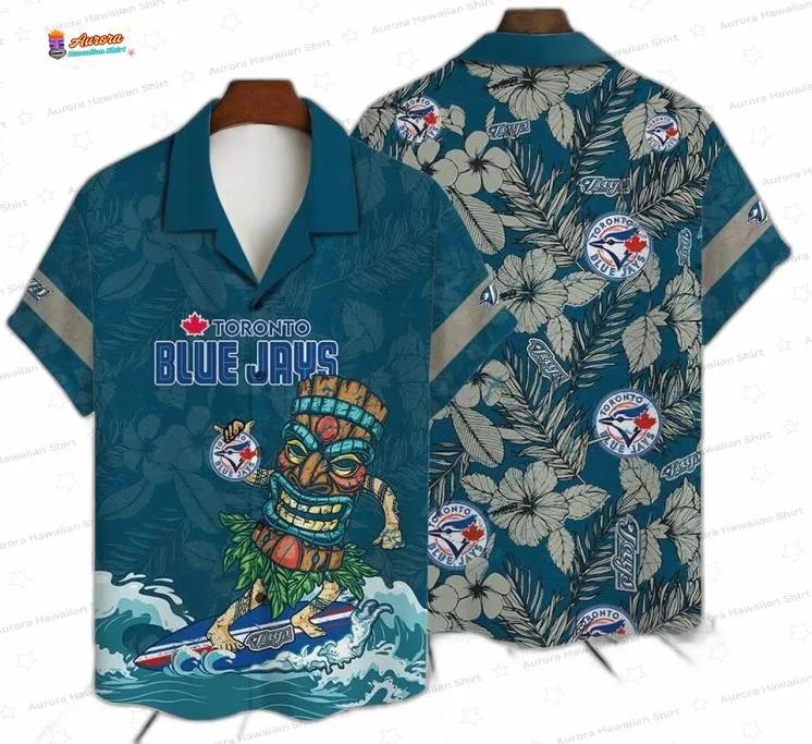Tiki Surfer Toronto Blue Jays Hawaiian Shirt, Teal Palm Leaf Style Tiki Surfer Toronto Blue Jays Hawaiian Shirt, Teal Palm Leaf Style