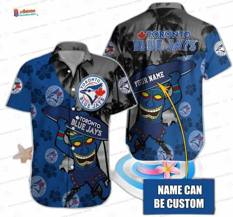 Custom Tiki Wave Toronto Blue Jays Hawaiian Shirt, Blue Palm Fan Aloha Button-Up Custom Tiki Wave Toronto Blue Jays Hawaiian Shirt, Blue Palm Fan Aloha Button-Up