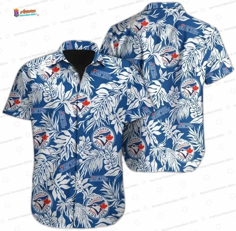 Blue Tropical Leaf Toronto Blue Jays Hawaiian Shirt, Jungle Floral Aloha Button-Up Blue Tropical Leaf Toronto Blue Jays Hawaiian Shirt, Jungle Floral Aloha Button-Up