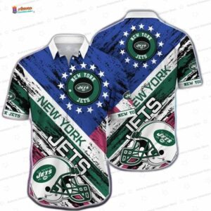 Helmet New York Jets Hawaiian Shirt, Green Blue NFL Aloha Button-Up for Football Fan Vacation Gift