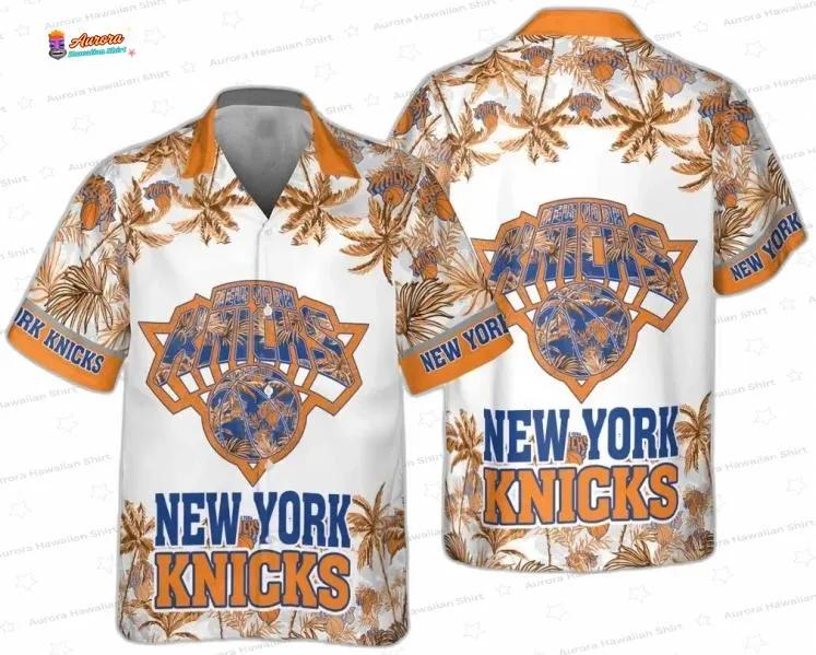 Orange Palm Basketball Crest New York Knicks Hawaiian Shirts Orange Palm Basketball Crest New York Knicks Hawaiian Shirts