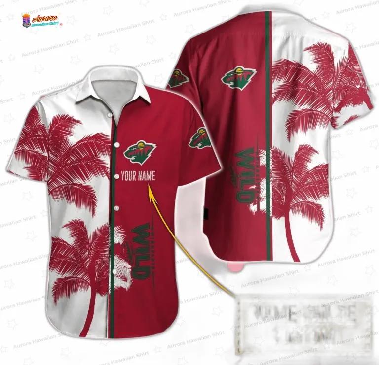 Custom Name Red White Tropical Palm Minnesota Wild Hawaiian Shirts Custom Name Red White Tropical Palm Minnesota Wild Hawaiian Shirts