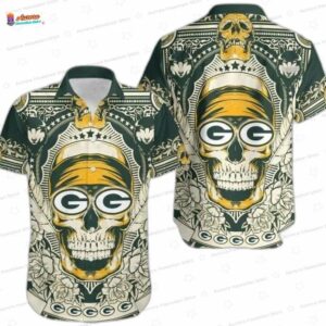Golden Skull Crown Green Bay Packers Hawaiian Shirt, Retro Fan Aloha Button-Up