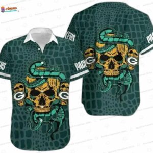 Serpent Skull Green Bay Packers Hawaiian Shirt, Reptile Fan Aloha Button-Up