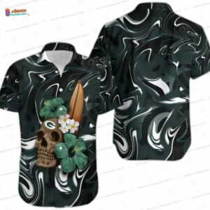 Surf Skull Hibiscus Green Bay Packers Hawaiian Shirt, Dark Island Game Day
