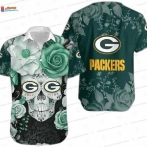 Emerald Rose Skull Green Bay Packers Hawaiian Shirt, Floral Fan Aloha Button-Up