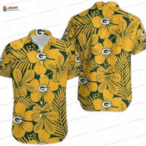 Tropical Gold Leaf Green Bay Packers Hawaiian Shirt, Yellow Game Day Button-Up